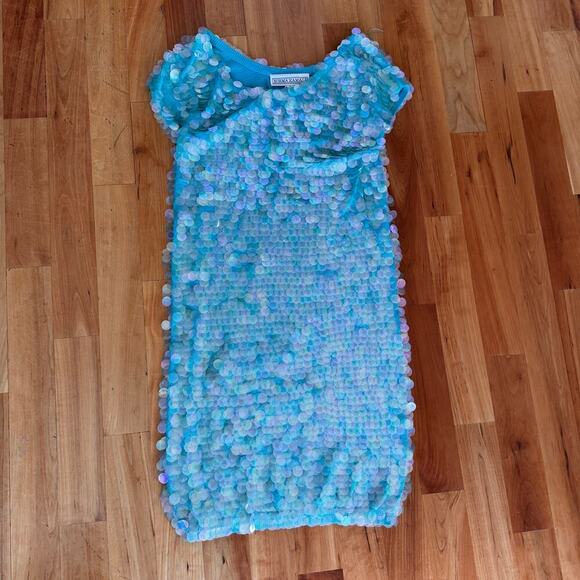 Vintage Norma Kamali dress sequined sequin teal Turquoise mermaid sz L paillete - Picture 12 of 17